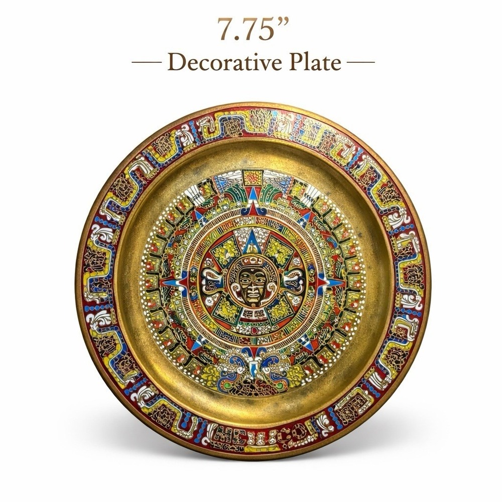 Vintage Mexican Brass Aztec Sun Calendar Wall Plate Hand Painted Enamel 7.75"
